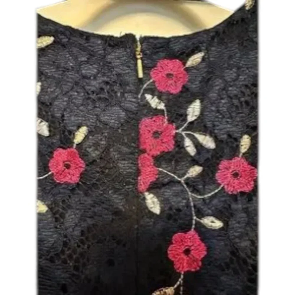 DKNY Navy Lace Dress Pink Floral Embroidery Sleeveless Cocktail Midi Sz 8 - Picture 8 of 11
